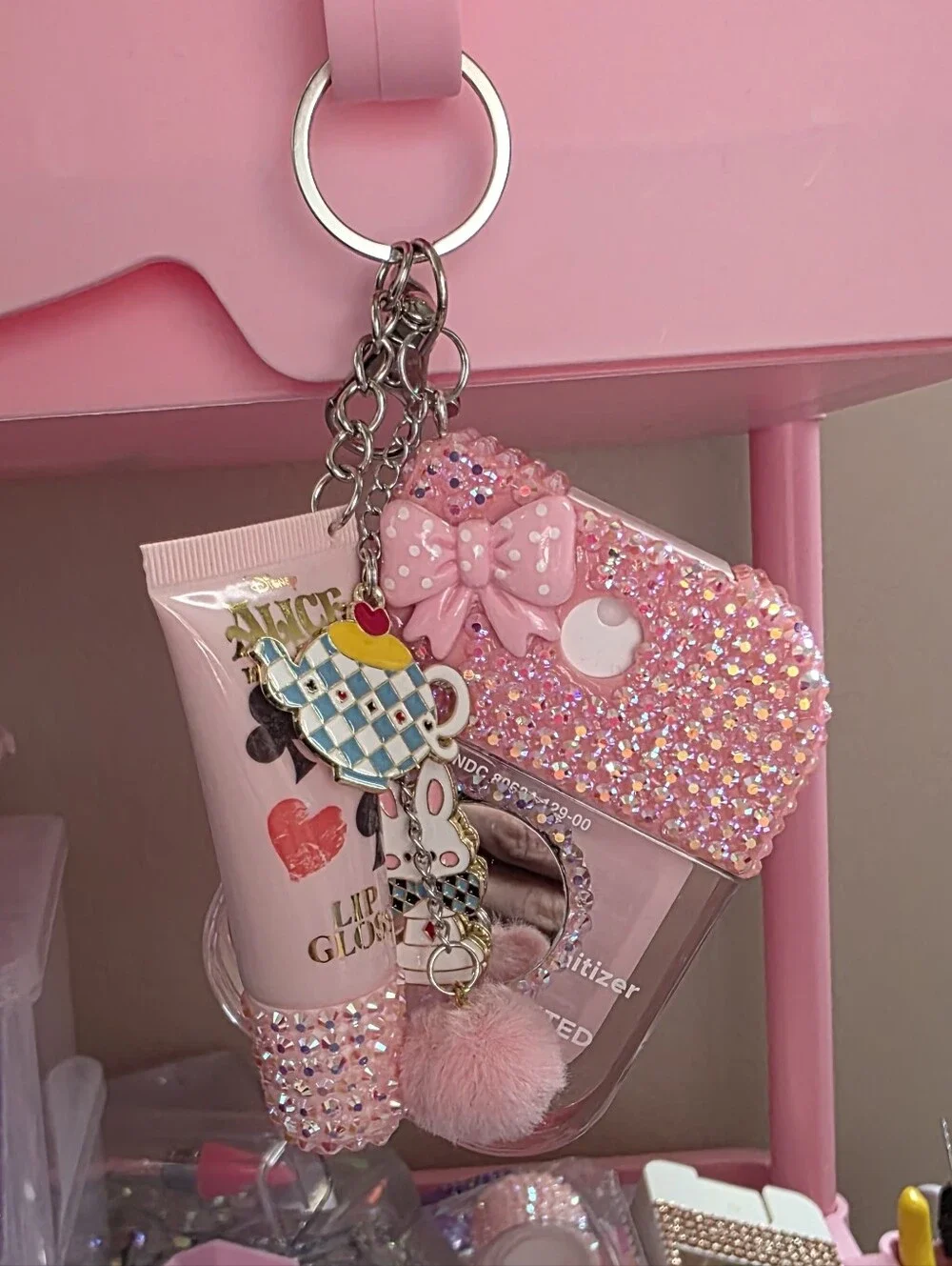 Disney Alice And Wonderland Crystal Bling Hand Sanitizer Keychain with Mirror